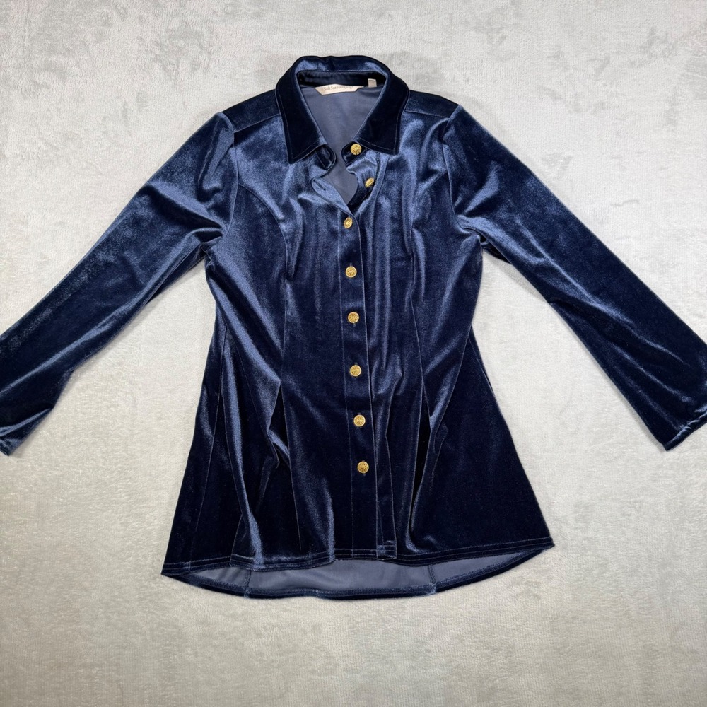Soft Surroundings Navy Blue‎ Velvet Button Down Tunic Top Gold Buttons 3GB05 PXS